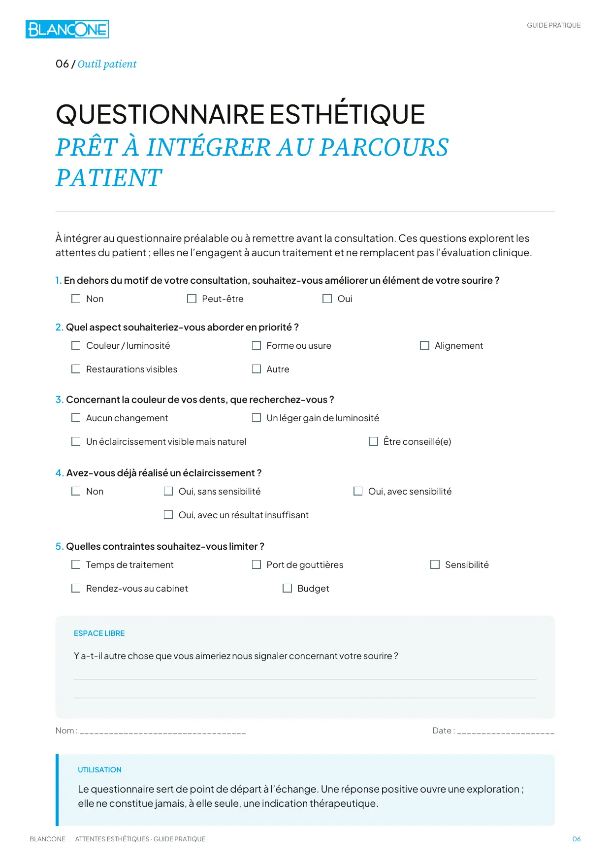 Aperçu du questionnaire esthétique patient